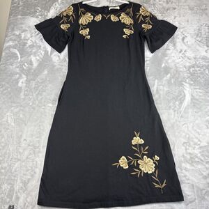 Wayward Fancies eShakti Dress Women's 8 Black Flower Embroidery Boat Neck (1141)